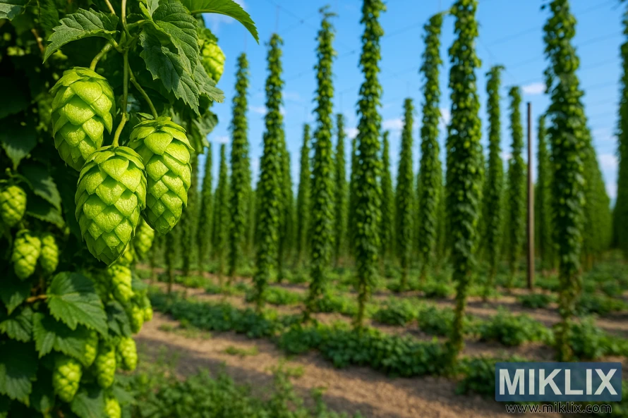 Kaskādes apiņu rogas tuvplānā ar režģotu apiņu stādu rindām fonā Kaskādes apiņu rogas tuvplānā ar režģotu apiņu stādu rindām fonā