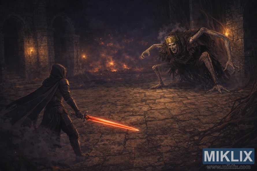 ବିସ୍ତୃତ ଆନିମେ-ଶୈଳୀର ଏଲଡେନ୍ ରିଙ୍ଗ ଫ୍ୟାନ୍ ଆର୍ଟରେ କଳା ଛୁରୀ କବଚରେ ଟାର୍ଣ୍ଣିସ୍ଡ୍ ଦେଖାଯାଉଛି, ଯିଏ ଡାହାଣ ହାତରେ ଏକ ଉଜ୍ଜ୍ୱଳ ଲାଲ ଖଣ୍ଡା ଧରି ବିସ୍ତୃତ କିଙ୍ଗସ୍ରେଲମ୍ ଧ୍ୱଂସାବଶେଷ ମଧ୍ୟରେ ଏକ ଉଚ୍ଚ ରୟାଲ୍ ରେଭେନାଣ୍ଟକୁ ସାମ୍ନା କରୁଛନ୍ତି।