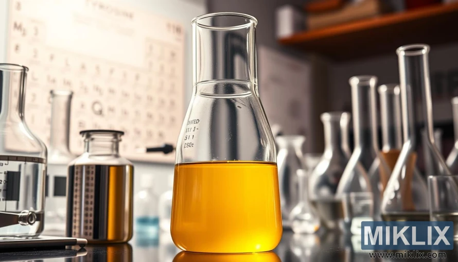 Glass beaker with vibrant yellow liquid among lab equipment and periodic table. Glass beaker with vibrant yellow liquid among lab equipment and periodic table.