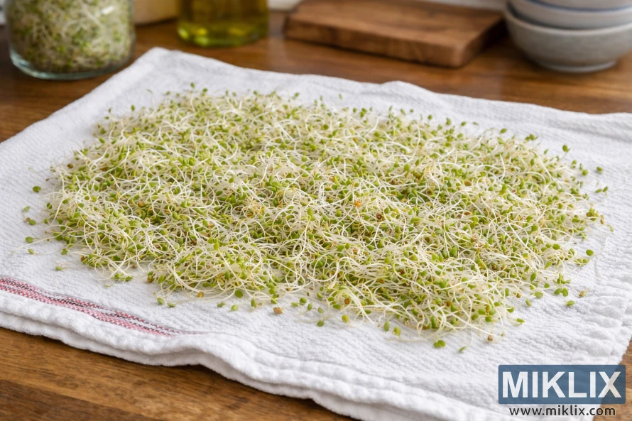 Nyhøstede alfalfaspirer spredt utover et rent hvitt kjøkkenhåndkle for å tørke på en benkeplate i tre, med mykt naturlig lys og uskarpe kjøkkenartikler i bakgrunnen.