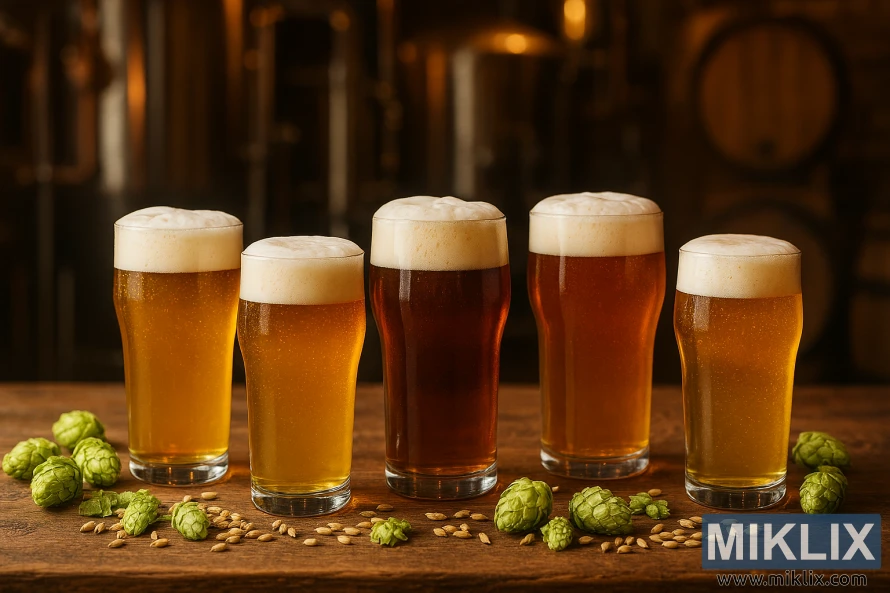 Five pint glasses of amber and golden beer on a rustic table with hops and barley in a brewery