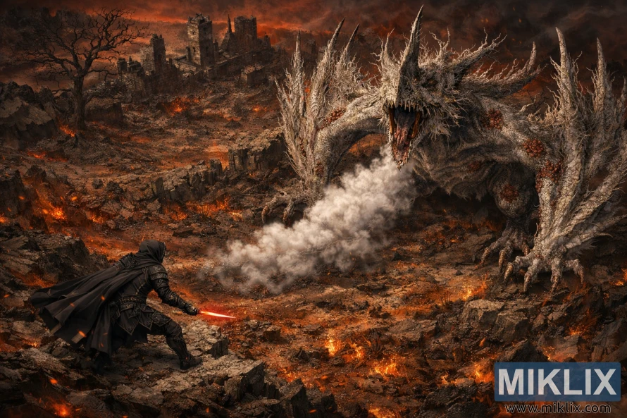 एल्डेन रिङमा रहेको क्यालिडको जलिरहेको भग्नावशेषको बीचमा सडिरहेको ड्र्यागन एक्जाइक्सको सामना गर्दै कालो चक्कु कवचमा टार्निश्डको डार्क काल्पनिक आइसोमेट्रिक कलाकृति।