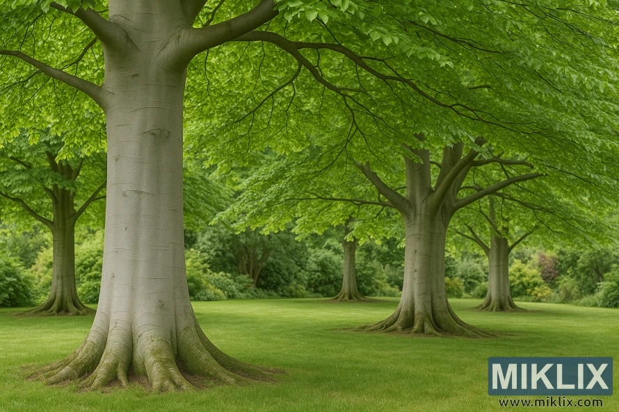 Pohon beech Eropa dengan kulit kayu abu-abu keperakan dan kanopi hijau lebar di sebuah taman.