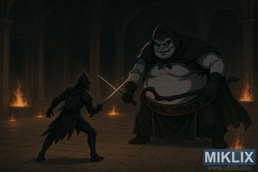 Hoton nau'in anime mai faɗi na Baƙar fata mai sulke mai sulke yana fuskantar muguwar Godskin Noble a cikin dakunan wuta na Volcano Manor.