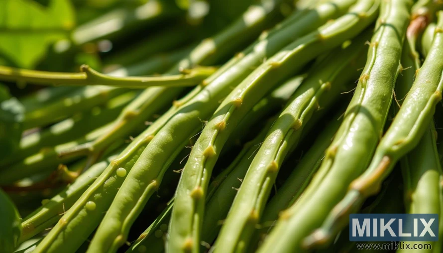 Close-up of freshly harvested green beans showing fine fiber details under soft light.