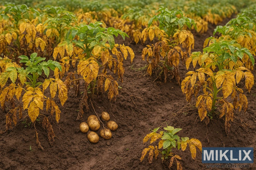 Potato plants with yellowing leaves in a field, ready for harvest