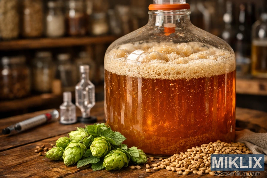 特寫:一個玻璃發酵罐裡冒著氣泡的琥珀色啤酒,前景是啤酒花和麥芽,以及放在一張質樸木桌上的釀酒工具。 特寫:一個玻璃發酵罐裡冒著氣泡的琥珀色啤酒,前景是啤酒花和麥芽,以及放在一張質樸木桌上的釀酒工具。