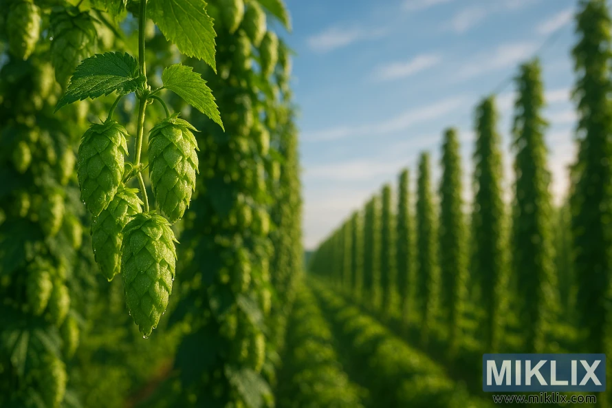 陽光灑滿啤酒花田，露水覆蓋的斯特里塞爾斯帕特啤酒花球果懸掛在藤蔓上，特寫鏡頭捕捉到這一幕。