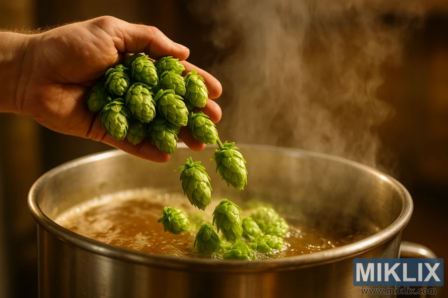 Ang mga sariwang Huell Melon hops ay idinaragdag sa steaming stainless steel brew kettle sa mainit na liwanag. Ang mga sariwang Huell Melon hops ay idinaragdag sa steaming stainless steel brew kettle sa mainit na liwanag.