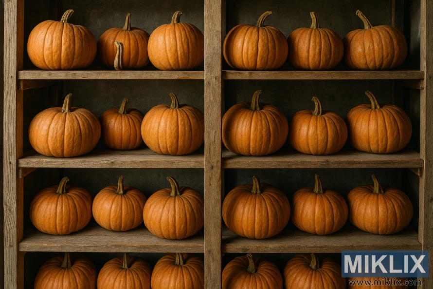 Cured pumpkins arranged on wooden shelves in a cool, dry storage room