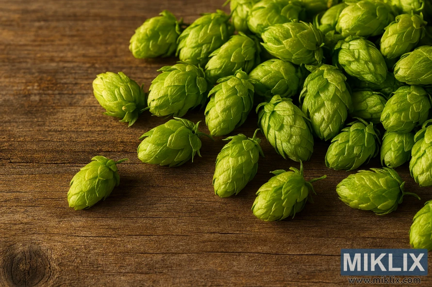 Landscape photo of fresh African Queen hop cones scattered on a rustic wooden table.