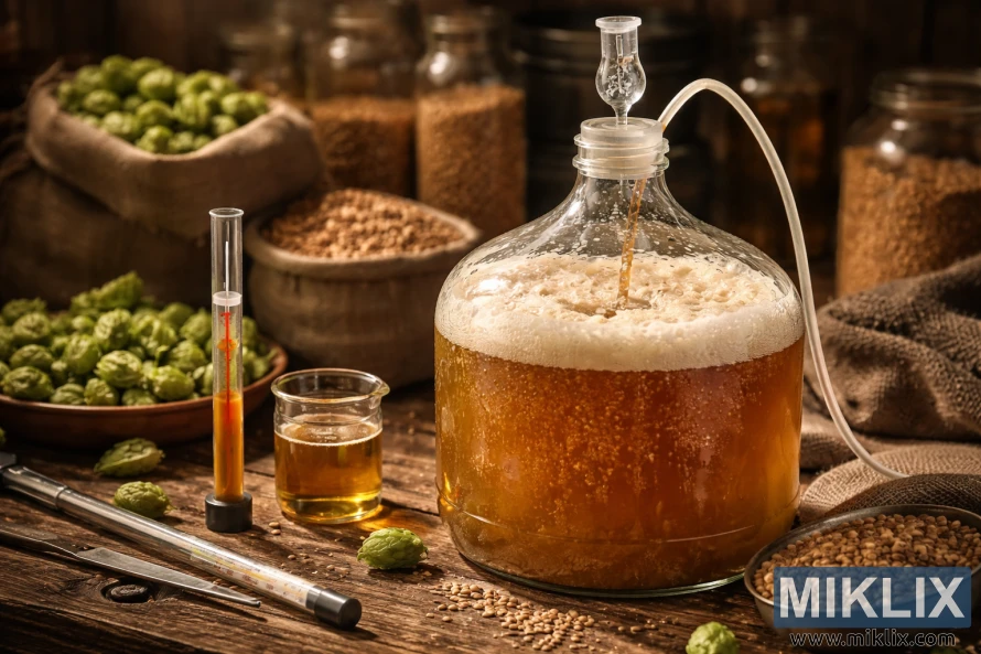 Close-up of a glass carboy fermenting beer with bubbling yeast, airlock, hydrometer, hops, and malt grains on a wooden table in warm brewery lighting.