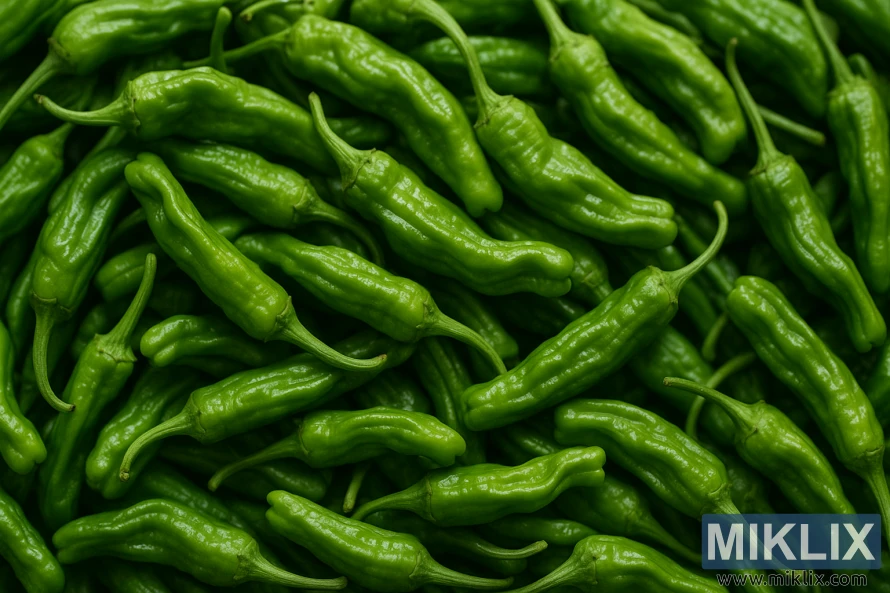 Närbildshög av skrynkliga gröna shishitopaprikor med tunt, glansigt skal. Närbildshög av skrynkliga gröna shishitopaprikor med tunt, glansigt skal.