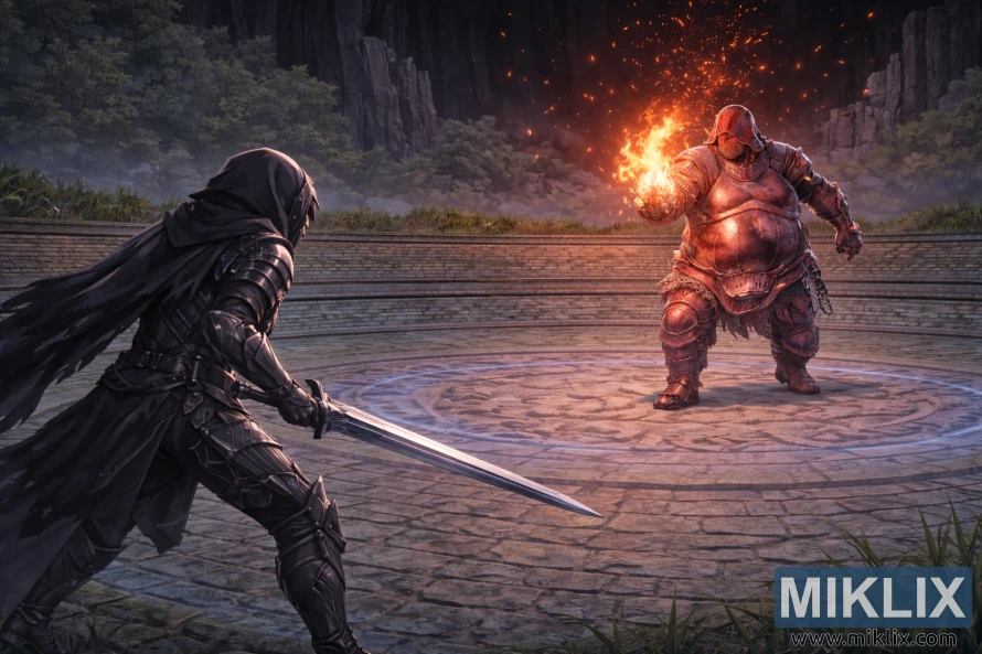 Fan art ao estilo anime mostrando uma vista ampla do Maculado a empunhar uma espada à esquerda, virado para Adan, Ladrão de Fogo, através de uma arena circular de pedra na Evergaol do Malfeitor.