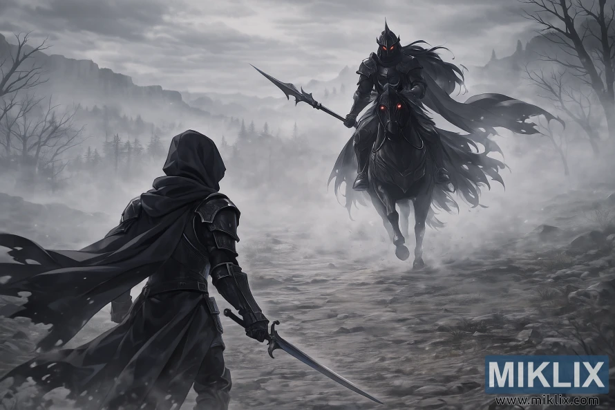 Berkerudung Tercemar dengan pedang berhadapan dengan seorang kesatria Tentera Berkuda Malam yang menunggang keluar dari kabus kelabu tebal di atas kuda hitam dengan mata merah menyala.