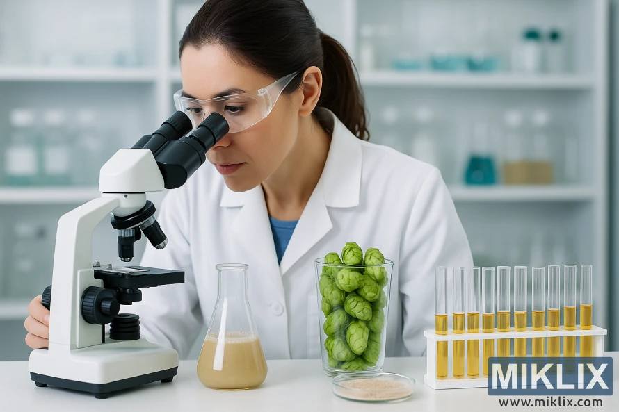 Forskare som använder ett mikroskop bredvid humle, jästkulturer och laboratorieutrustning i ett modernt laboratorium.