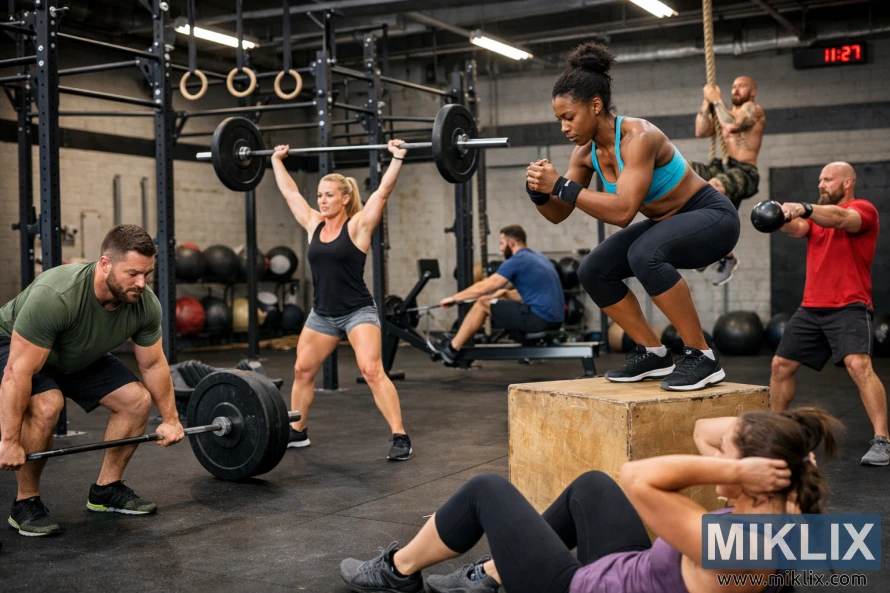 Sakelompok atlit ngalakukeun rupa-rupa latihan CrossFit dina waktos anu sami di jero gim gaya industrial, kalebet angkat barbell, luncat kotak, dayung, ayunan kettlebell sareng nanjak tali. Sakelompok atlit ngalakukeun rupa-rupa latihan CrossFit dina waktos anu sami di jero gim gaya industrial, kalebet angkat barbell, luncat kotak, dayung, ayunan kettlebell sareng nanjak tali.