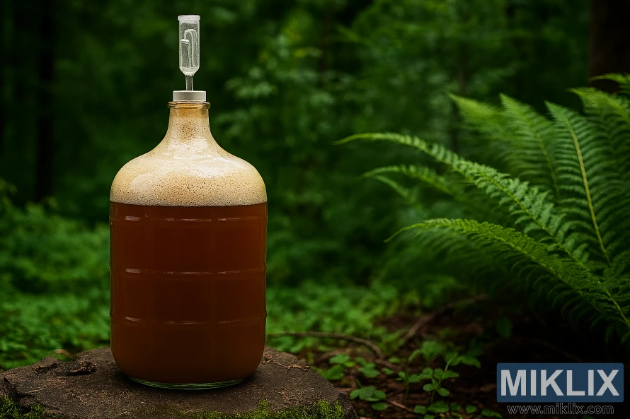 Staklena boca s pivom divlje fermentacije i pjenom unutra, smještena u bujnoj šumi