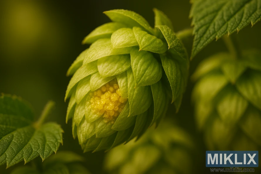 Kašmira apiņu rogas tuvplāns, kurā redzami zeltaini lupulīna dziedzeri, kas mirdz tā zaļajās seglapās.