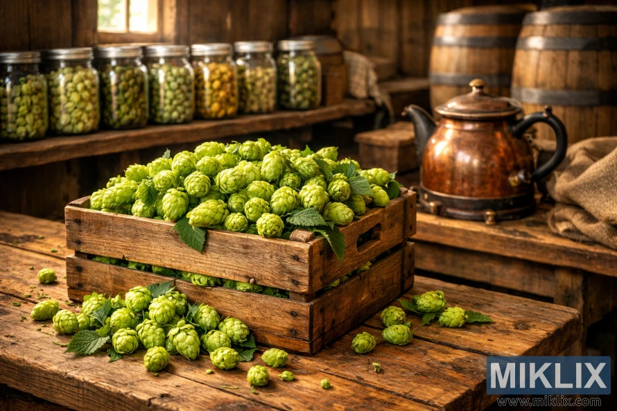 Rustic wooden brewery storage room with fresh green hop cones in a crate, glass jars of hop varieties on shelves, a copper brewing kettle, and wooden barrels under warm sunlight.