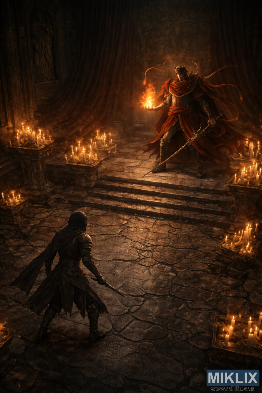 Isometric fantasy artwork showing the Tarnished below facing the towering Messmer the Impaler on a candlelit stone platform inside the Shadow Keep