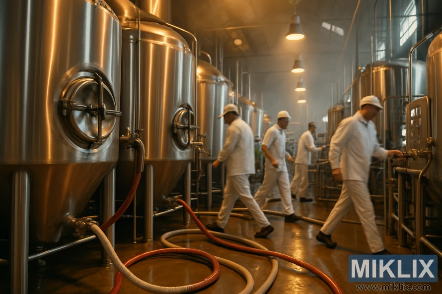 따뜻하고 분주한 양조장의 대형 스테인리스 스틸 발효 탱크 주변에서 흰색 유니폼을 입은 양조업자들이 작업하고 있습니다. 따뜻하고 분주한 양조장의 대형 스테인리스 스틸 발효 탱크 주변에서 흰색 유니폼을 입은 양조업자들이 작업하고 있습니다.