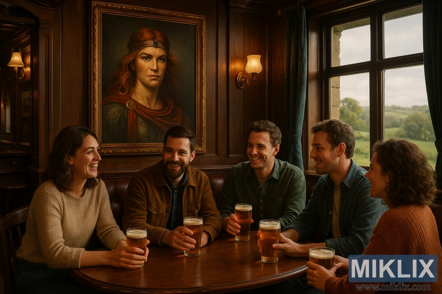 Friends sharing pints in a warm pub interior beneath a portrait of Celtic warrior queen Boadicea.
