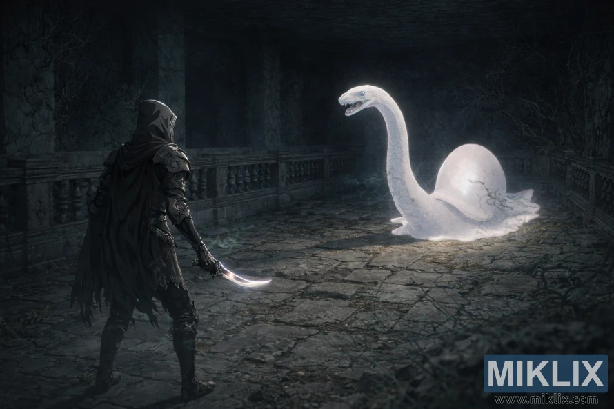 Fan art af en Black Knife-snigmorder, der konfronterer Spiritcaller-sneglen i Elden Ring's Road's End-katakomberne Fan art af en Black Knife-snigmorder, der konfronterer Spiritcaller-sneglen i Elden Ring's Road's End-katakomberne