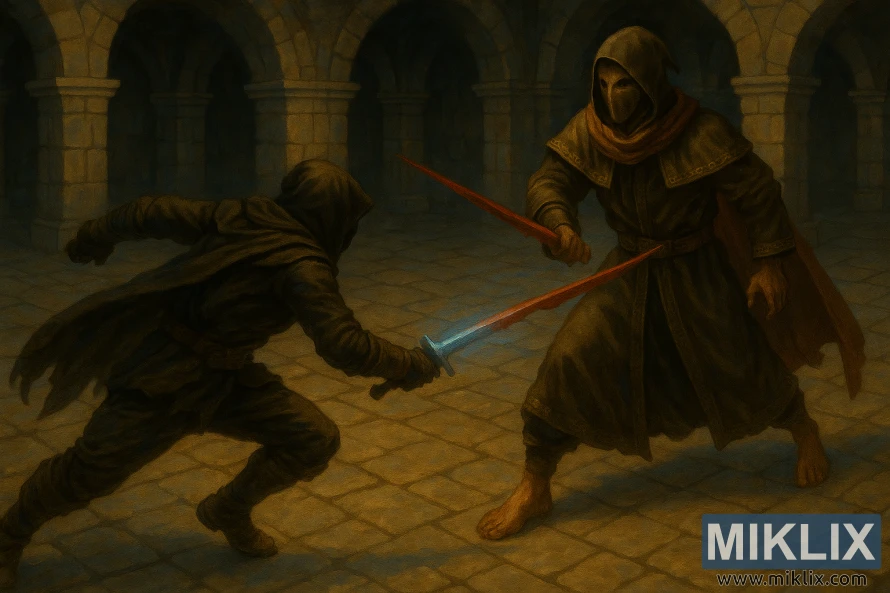 Dark fantasy scene of the Tarnished lunging with a glowing dagger while a hooded, masked Sanguine Noble counters with the Bloody Helice inside a warmly lit underground dungeon.