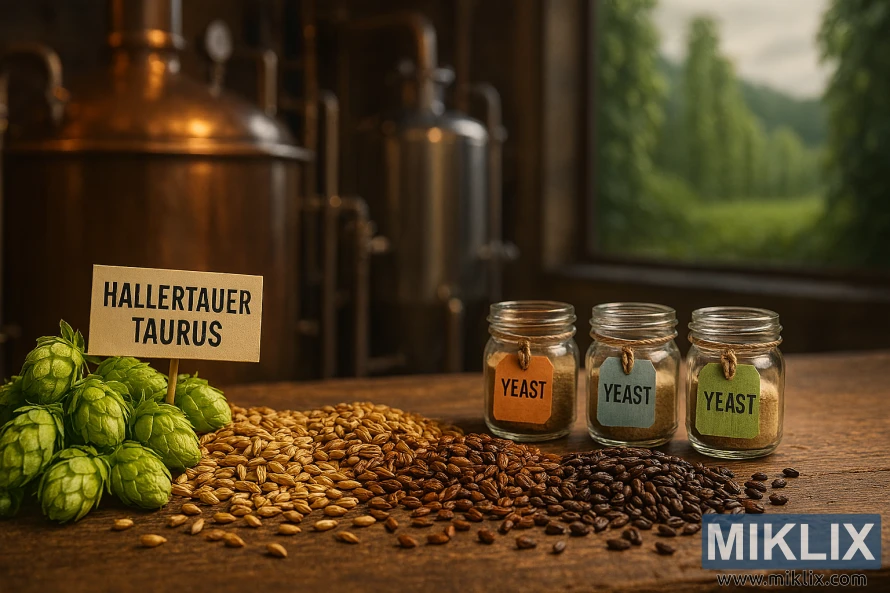 Hallertauer Taurus hops, malts, and yeast jars on a rustic table with brewing equipment in background