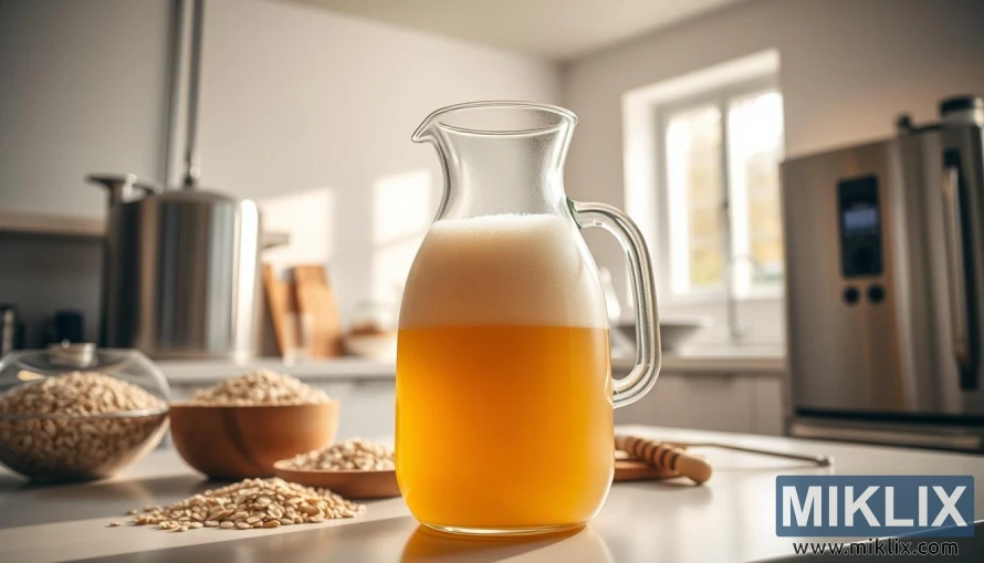 Moderne kjøkken med havrebrygg i glasskaraffel, bryggeutstyr og korn på benkeplaten. Moderne kjøkken med havrebrygg i glasskaraffel, bryggeutstyr og korn på benkeplaten.