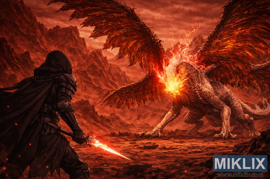 Anime-style Elden Ring fan art showing the Tarnished from behind facing a colossal Ancient Dragon Senessax on a fiery, reddish-brown mountain peak just before battle.