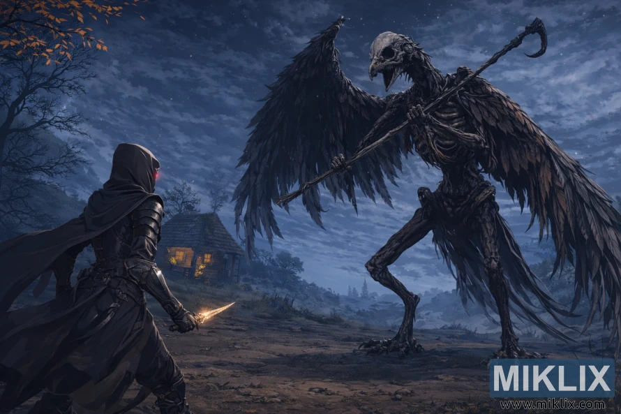 Artă în stil anime a lui Elden Ring cu Tarnished în armură Black Knife înfruntând o Deathbird mult mai mare și impunătoare, cu un craniu și un toiag asemănător unei păsări, lângă o colibă luminată noaptea.