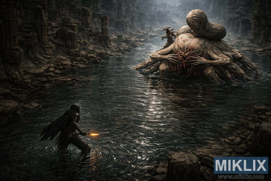 Isometric dark fantasy view of the Tarnished standing in shallow water facing the massive Metyr, Mother of Fingers, within the flooded Finger Ruins of Miyr. Isometric dark fantasy view of the Tarnished standing in shallow water facing the massive Metyr, Mother of Fingers, within the flooded Finger Ruins of Miyr.