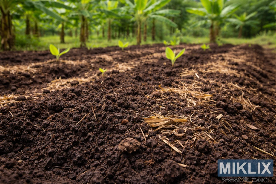 Rich dark soil with organic matter prepared for banana planting, with young seedlings in the foreground and mature banana plants in the background.