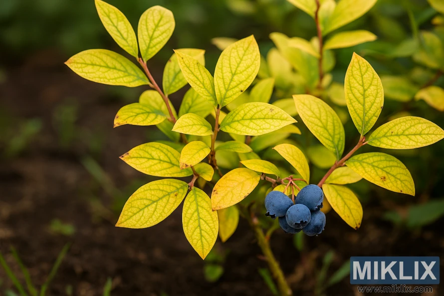 Close-up of a blueberry plant with yellowing chlorotic leaves and ripe blueberries growing in garden soil