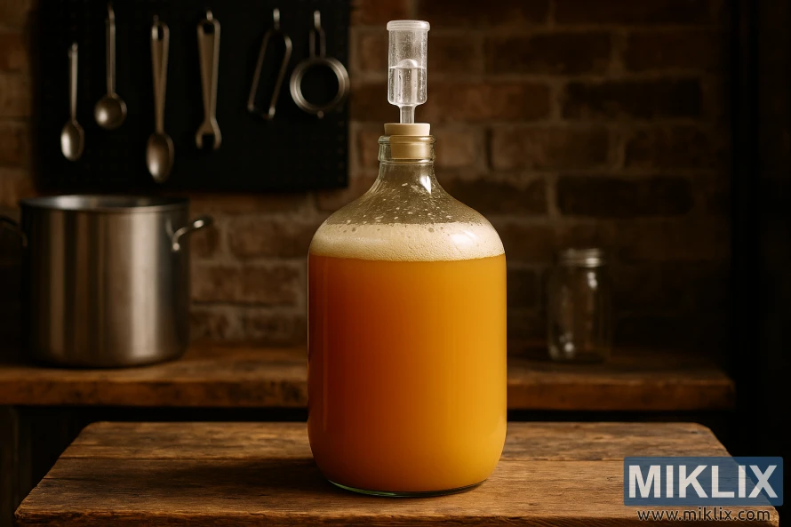 Lasinen kannu, joka on täytetty utuisella, kullanruskealla New England IPA:lla käymässä puisella penkillä maalaismaisessa kotipanimossa, taustalla tiiliseinä ja panimotyökalut.