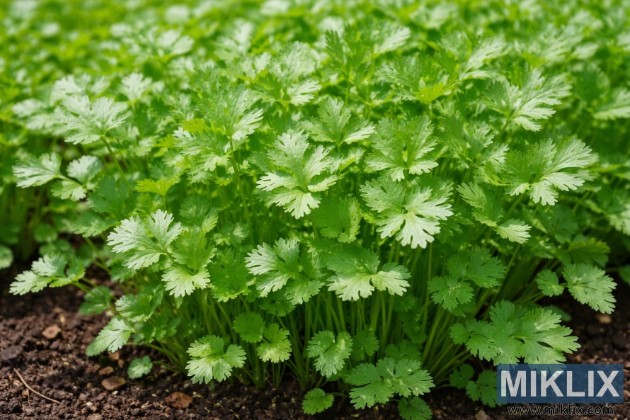 Close-up of healthy Santo cilantro plants with bright green, traditional cilantro leaves growing densely in dark soil.