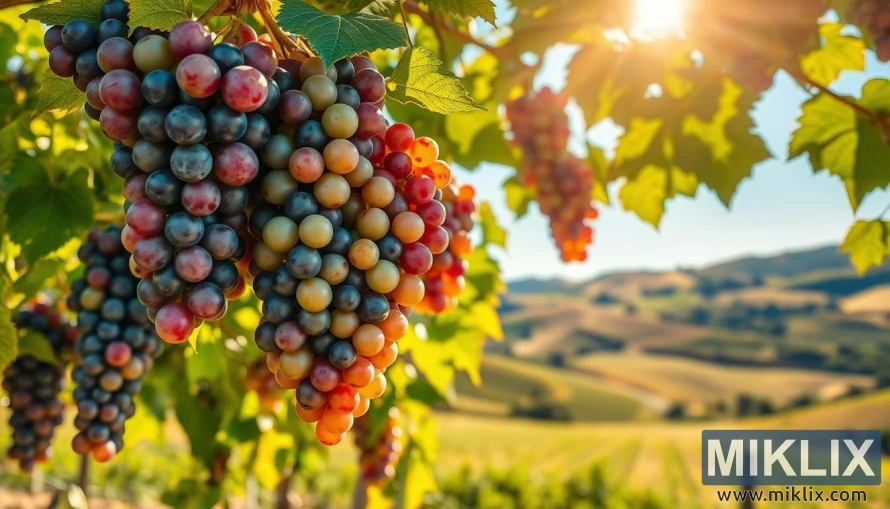 Saules apspīdētu vīnogulāju ķekari violetā, zaļā un sarkanā krāsā.