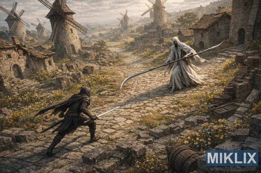 Isometric Elden Ring fan art showing the Tarnished in Black Knife armor wielding a straight sword against a tall Godskin Apostle with the Godskin Peeler in Dominula Windmill Village.