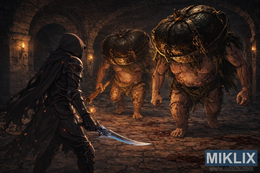 Anime fan art prikazuje dva uvećana bossa s Mad Pumpkin Head koji se nadvijaju nad oklopom Tarnished in Black Knife unutar podzemnog podruma ispod ruševina Caelem.