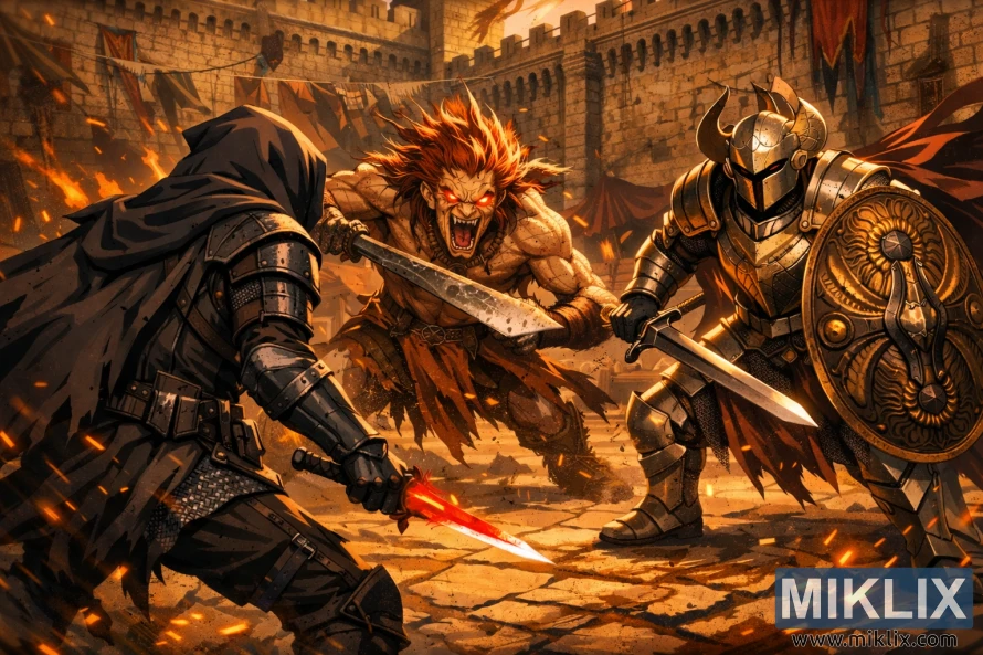 Слика Потамњелог у аниме стилу виђена отпозади са леве стране, окренута према Незаконитом ратнику и Витезу Крусибла са мачем и штитом у рушевинама дворишта замка Редмејн.