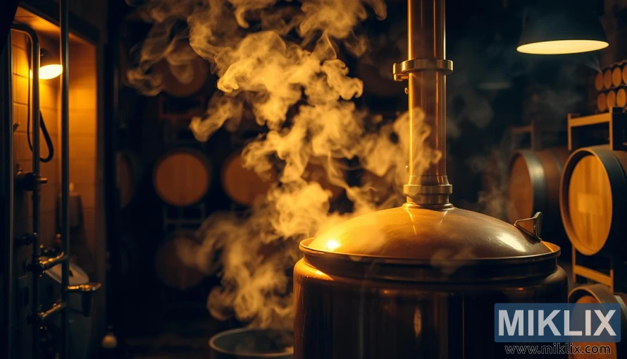 Bakreni kotao za pivo koji se pari u slabo osvijetljenoj pivnici s hrastovim bačvama u pozadini.