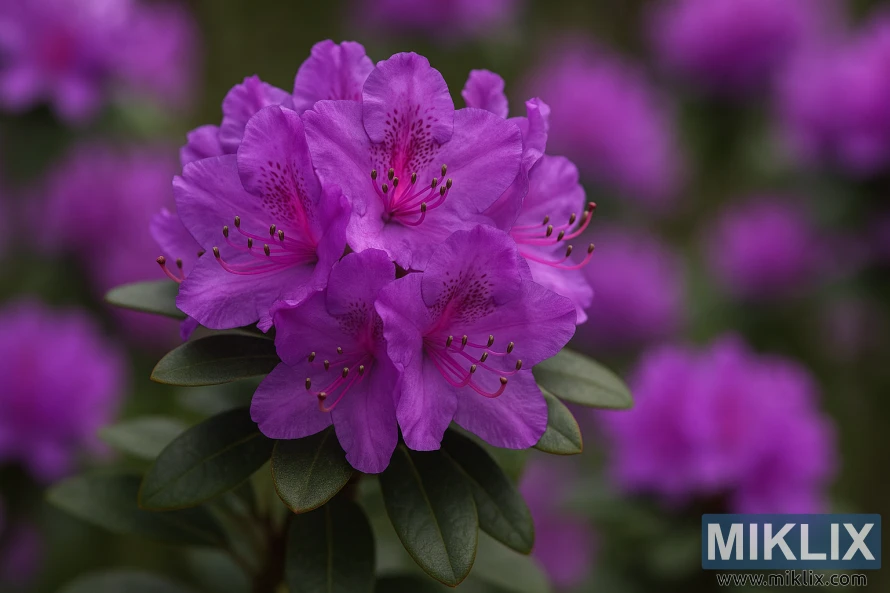 Close-up of PJM Elite rhododendron with vibrant purple blooms and dark green foliage. Close-up of PJM Elite rhododendron with vibrant purple blooms and dark green foliage.