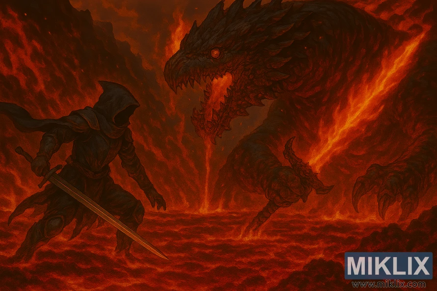 Anime-style fan art of the Tarnished in Black Knife armor battling the Magma Wyrm wielding a flaming sword in a lava-filled volcanic landscape near Fort Laiedd. Anime-style fan art of the Tarnished in Black Knife armor battling the Magma Wyrm wielding a flaming sword in a lava-filled volcanic landscape near Fort Laiedd.