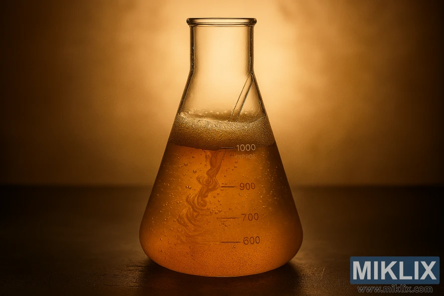 Glas-Erlenmeyerkolv med bubblande jästkultur bakgrundsbelyst av varmt ljus