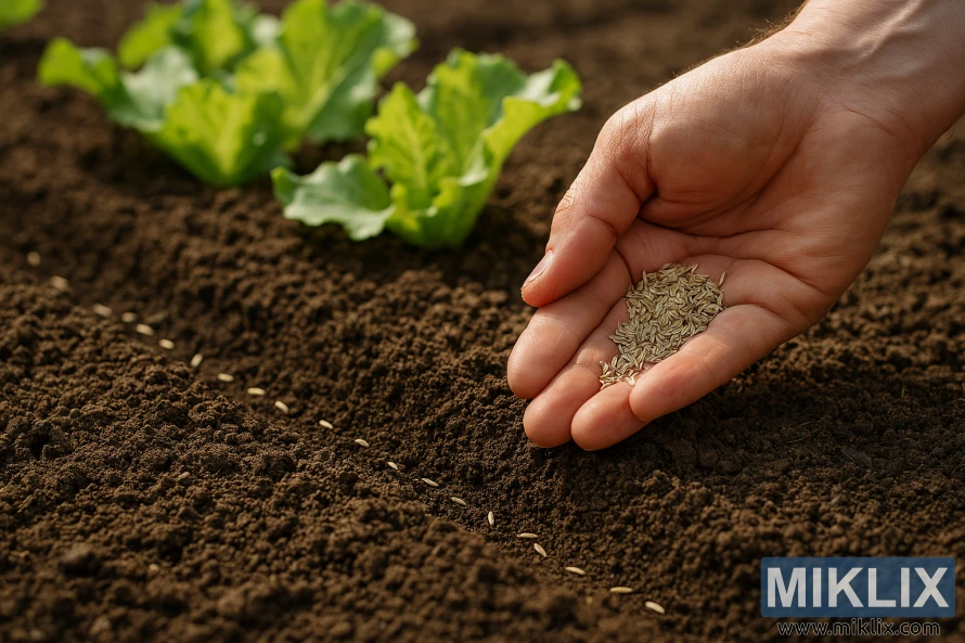 Close-up of a hand sowing lettuce seeds into tilled garden soil with young lettuce plants nearby