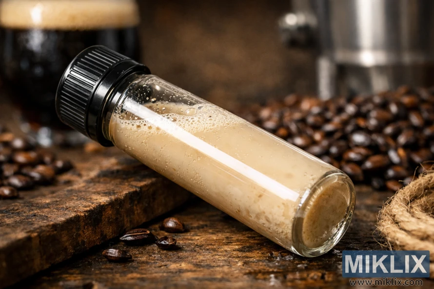 一張特寫照片，照片中一個未貼標籤的玻璃小瓶裡裝滿了比利時黑啤酒酵母，放在質樸的木質表面上，背景中柔和地散落著烤大麥和釀造原料。