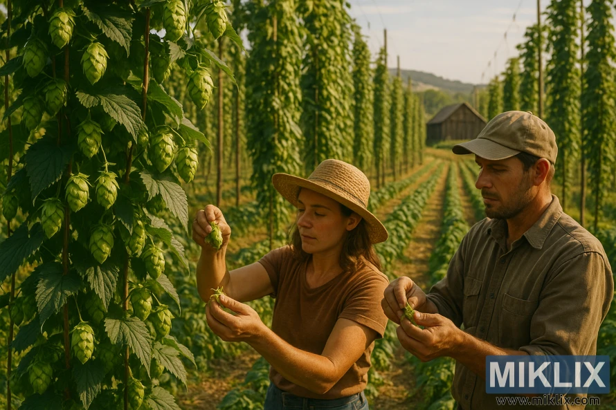 Gårdsarbeidere høster Chinook-humlekjegler fra høye espalier i et solfylt felt med en låve og bølgende åser i det fjerne.