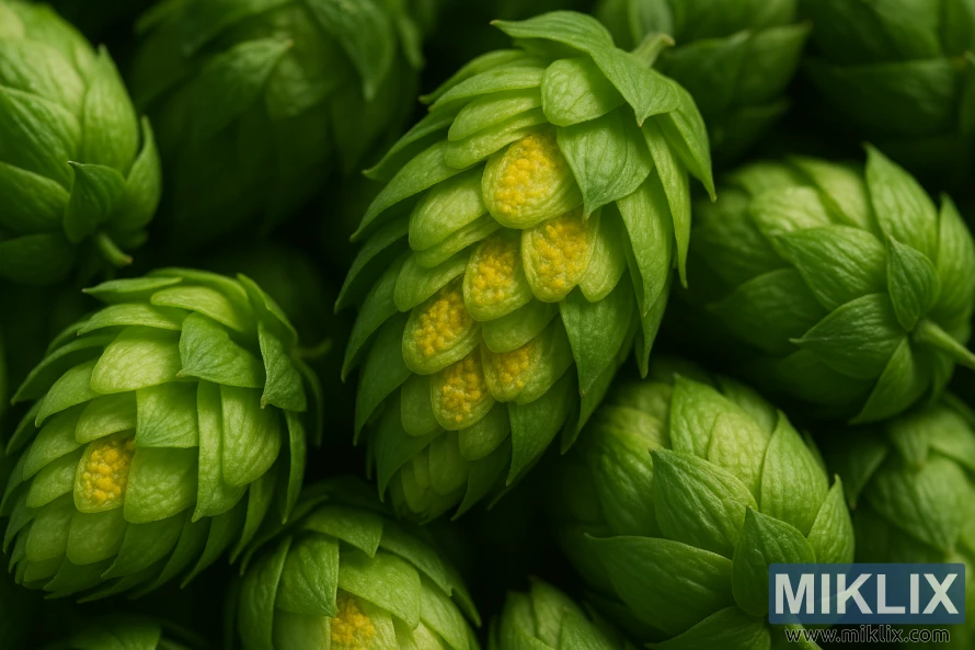 Nærbilde av nyhøstede humlekegler med knallgule lupulinkjertler blant myke grønne dekkblader, fuktig tekstur, diffust lys.